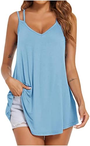 Lcepcy Womens Summer Bloups Spaghetti tiras V Camiseta sem mangas de pescoço Solid/Impresso Tútos de túnica solta para