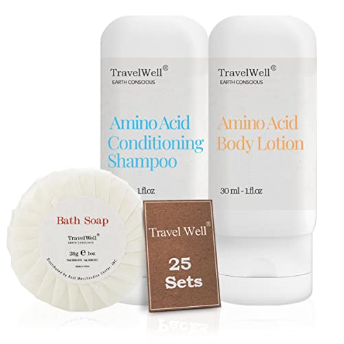 Travelwell embrulhou individualmente o shampoo e condicionador 2 em 1, 25 garrafas + 30 ml de loção, 25 garrafas + 28g de sabonete