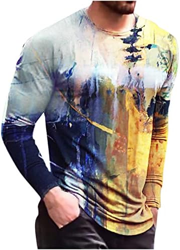 Ozmmyan camisetas de grandes dimensões para homens de manga longa em coloras redondas de coloração de cor de cor de moda casual