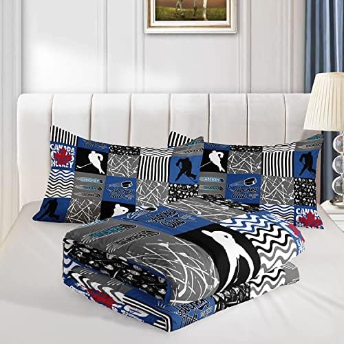 Conjunto de edredom de hóquei de gelo de Hosima para meninos crianças adolescentes decoração de quarto, tema de esportes de microfibra macia Bedding de hóquei azul e cinza com 2 travesseiros, edredons e conjuntos de roupas de cama de hóquei.