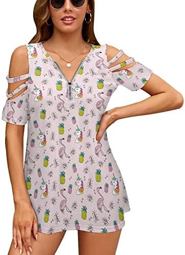 Unicorn Flamingo abacaxi feminino fria camisetas de ombro feminino Camisetas de blusa de zíper de zíper de pescoço curto Tops de moda