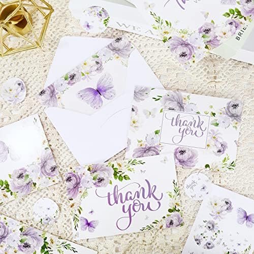 AnyDesign Butterfly Floral Agradecemos Cartões 36 Cartões de nota roxa com adesivos de vedação correspondentes Branco