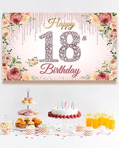Htdzzi 18thbirthday Decorações, Rose Gold Happy Banner de 18º aniversário de 18º aniversário para mulheres, Floral rosa de 18 anos