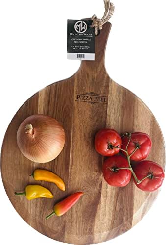 Mountain Woods criado à mão Grande ACACIA Wood Pizza Peel Charcuterie Board Board Artisanal Baking Board Board Boards Serving Paddle Boards com alça para alimentos, frutas, legumes e queijo apresentações - 21,25 x 16 x 0,625