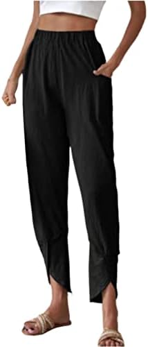 Linho Cropped Fit Capris Pants para mulheres Elastic de cor sólida Esperada calça de pernas largas confortáveis ​​calças