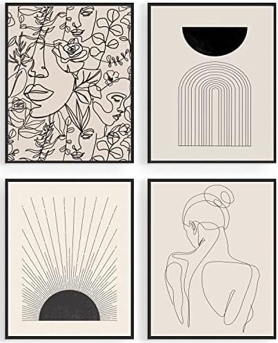 Impressões de arte de parede minimalistas de boho, arte abstrata de arte de parede preta BEIGE Sunrise Women Linha Decoração