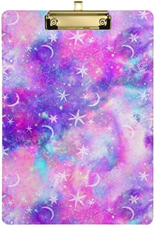 Estrelas espaciais de galáxia rosa roxo e rosa sem costura e luas crescentes de planta plástica A4 Tamanho da letra PVC Hardboard com clipe de metal de prata de baixo perfil de 12,5x9 polegadas para a escola