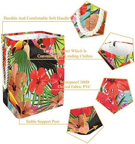 Folhas de touco de pássaros tropicais e flores de hibiscus 300d Oxford PVC Roupas à prova d'água cesto de roupa grande para