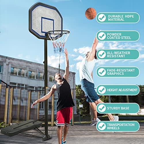 Portátil Basketball Hoop & Basketball Goal System Altura ajustável 6,5 pés-10 pés com backboard azul de 43 polegadas para adultos adolescentes infantis de uso externo interno