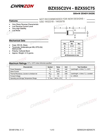 Chanzon BZX55C6V8 Diodo Zener 0,5W 6,8V Diodos axiais do DO-35 0,5 watt 6,8 volts