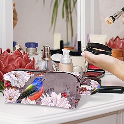 Bolsa de maquiagem Saco de cosméticos Flores vintage brancas Folhagem de pássaros azuis Bolsa de saco de higiene saco de higiene