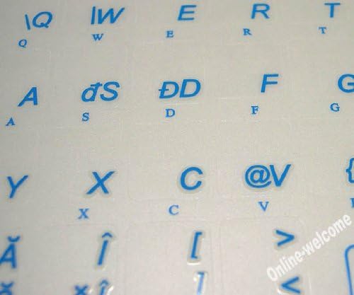 Etiqueta transparente romena-bem-vindo online para teclado de computador com letras azuis