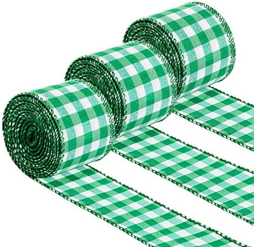 3 rolos de St. Patrick's Day's Buffalo Plaid Ribbon Green e White Wired Edge Ribbon Ribbon do dia de Patrício de Patrício Fita