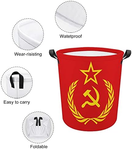 Cestas de lavanderia de bandeira do comunismo da URSS com alças de roupas redondas dobráveis ​​e travessuras Hampers de armazenamento