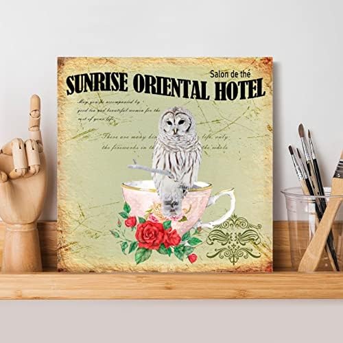 Evans1nism Sign de madeira Mid Century Owl Sunrise Hotel Oriental Parede Plata