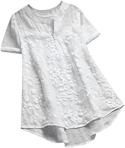 Tampas de linho de algodão feminino bordado de renda de renda de retalhos de manga curta camisetas de túnica plus