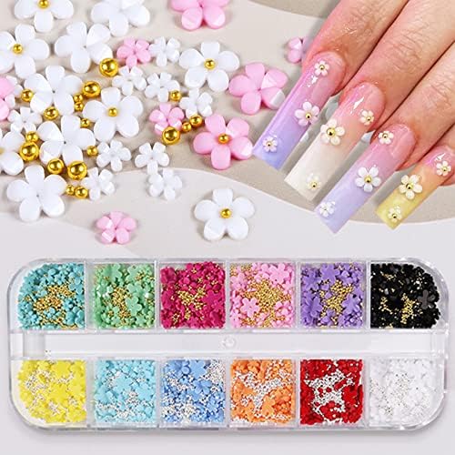 Flores 3D para encharms da arte da unha, Fuyiocn 12 cores 3D ACRILIC FLOR ANIMENTO RETROS STROTES BRANCOS Rosa Mistura de cerejeira mista Spring acrílico Supplies de unhas com pérolas Manicure para decorações de unhas DIY