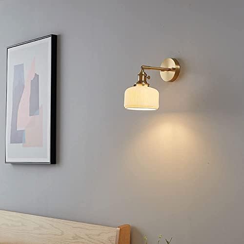 Arandela de parede de latão madblr7 leite lâmpada de cerâmica branca tonalidade de parede ajustável, lâmpadas montadas na parede de cobre, luminária de parede de parede da sala da sala de estar iluminação de cabeceira