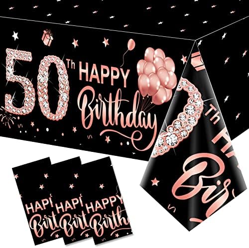 3 Pacote de 50º aniversário Decorações de toalhas de mesa para mulheres, Rose Gold Happy 50 Aniversário Tabela de capa Festa