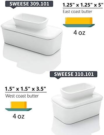 Sweese 309.101 Manteiga de porcelana Prato com água - Crock de manteiga francesa - Perfeito para a manteiga da costa leste - Espalhável sem refrigeração, branco