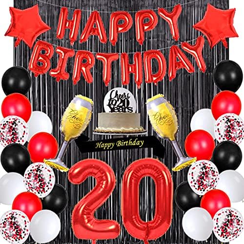SANTONILA RED RED 20º aniversário Decorações de feliz aniversário Banco de faixas Cheers para 20 anos Topper Bolo número 20 Confetti