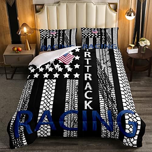 Conjunto de edredom de bandeira americana, conjunto de roupas de cama de pista de pista de corrida para adolescentes, meninos, garotos Black Whiteboard Stripe Star Stripe Duvet Decoração da sala da casa, Extreme Sports Extreme esportista + 2 travesseiros