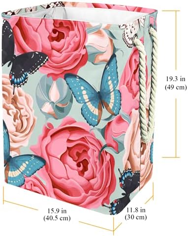 Inomer Butterfly Flores de rosa Lavanderia grande cesto de roupas prejudiciais à prova d'água cesta de roupas para