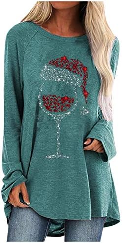 Vestido de Natal Tops para mulheres, blusas de túnica plus size copos de vinho Camiseta de canto de Papai Noel Camiseta engraçada amante