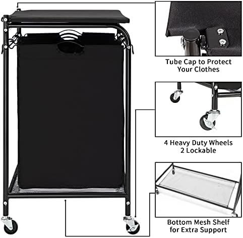 Carrinho de classificação de lavanderia de Hollyhome com tábua de passar dobrável com 3 bolsas de lavanderia cestor preto