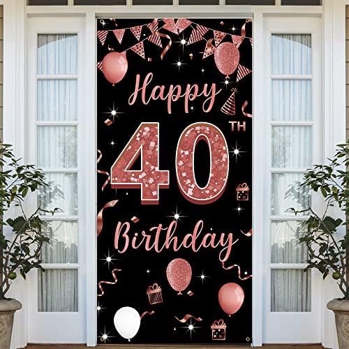 40º aniversário Banner de porta de fundo, feliz 40º aniversário Decorações de 40 anos, Black Rose Gold Gold 40th Aniversário