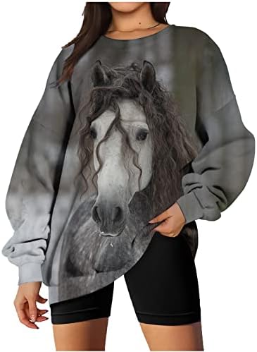 Oplxuo Sweatshirt de grandes dimensões para mulheres Crewneck de manga longa Vintage Pullover de cowboy ocidental 3D Horse Graphic