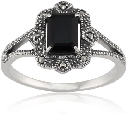 Gemondo EUA Sterling Silver 925 7x5mm Octagon Black Spinel & Marcasite Art Deco Inspirado anel de declaração