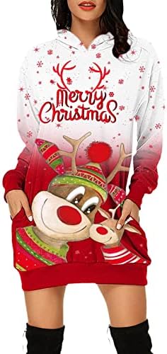 Ruziyoog Women Feliz Christmas Capuzes Vestido de vestido gráfico engraçado com capuz estampado com túnica de túnica longa Tunic Sweethirts Dress