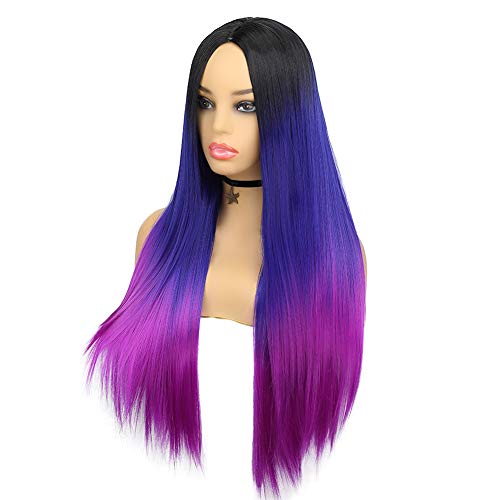 Wiger Rainbow Wigs for Women Black to Blue to Purple Long Long Colorido Ombre Hair Wigs sintéticos resistentes à peruca de cosplay