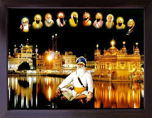 Baba Deep Singh, com outros dez sikh guru, fora do templo de Amritsar, uma vista noturna, um pôster de pintura religiosa