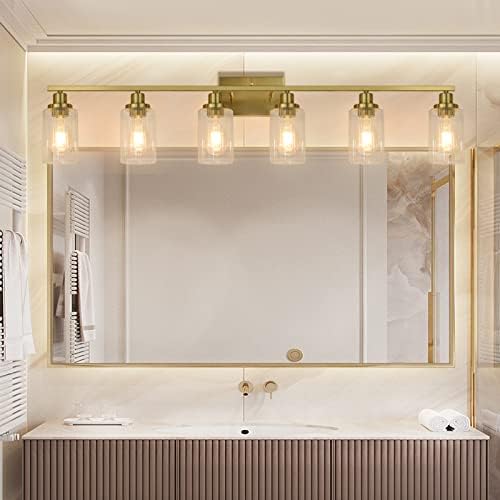 Luminárias de banheiro de ouro Jonsi, 6 luzes leves de banheiro de ouro escovadas com tom de vidro canelado, luzes de banheiro de ouro modernas sobre o espelho, luminárias de vaidade, 44,7 W x 10,7 h