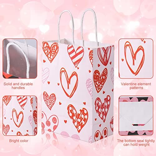 Sacos de presente do dia dos namorados, 12pcs Valentine Treat Sachs With Handles Love Heart Paper Cookie Candy Goodie Bags