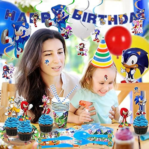 Sonic Birthday Party Supplies 212pcs Sonic Birthday Party Decorações incluem pano de fundo, banner de feliz aniversário, conjunto de utensílios de mesa, teleco, bolo ＆ Toppers de cupcakes, balões de papel alumínio, balões de látex Conjunto