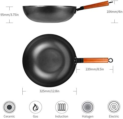 Indução de shypt wok pan 32cm sem produtos químicos de aço carbono pan fry com maçaneta de madeira destacável