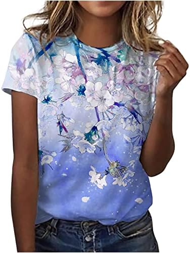 Mulheres superiores de manga curta pescoço algodão Floral Gráfico solto Fit Relaxed Fit Blouse Blyse ​​camiseta
