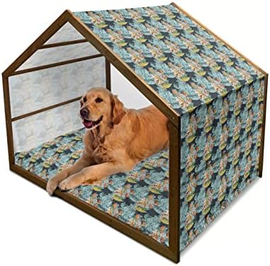 Ambesonne Paisley Wooden Dog House, folhas orientais incomuns como motivos com pavões na impressão de imagem, canil portátil de cão portátil interno e externo com travesseiro e capa, 2x-grande, azul e laranja