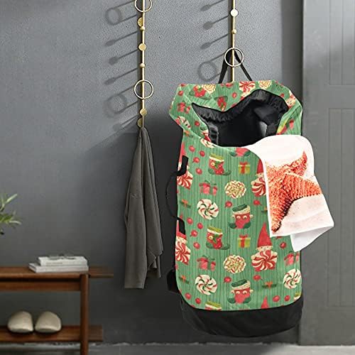 Feliz Natal meias pirulitos de lavanderia mochila de lavanderia pesada com alças de ombro e alças Bolsa de roupa de viagem