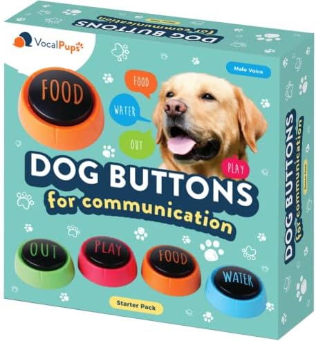VocalPups Botões de cachorro para comunicação pacote de partida - voz masculina, conjunto de botões de cães, botões de conversação para cães, botões de cachorro Conjunto de treinamento de fala | Botões de comunicação para cães | Palavras pré-gravadas