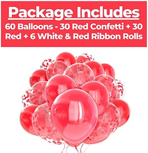 Balões vermelhos de 60 pacote + balões de confete vermelho com fita | Balão vermelho | Globos RoJos | Balão de confete | Balões de aniversário | Decorações da festa vermelha | Decorações de aniversário vermelho | Balões de hélio |