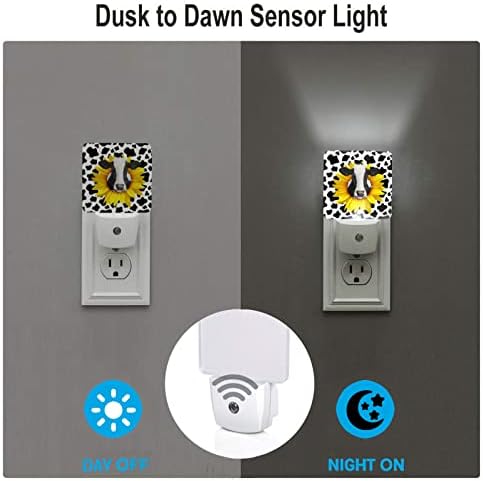 Sunflower Cow Print Night Light Auto Smart Dusk to Dawn Sensor, Plug-in White LED Nightlight para quarto, banheiro, cozinha,