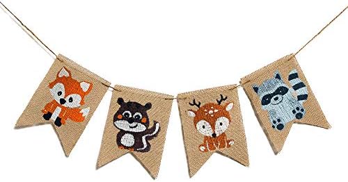 Animais Banner Banner Woodland Baby Shower Decoration, Fox Squirrel Deer Raccoon Kids Birthday Party Decoration