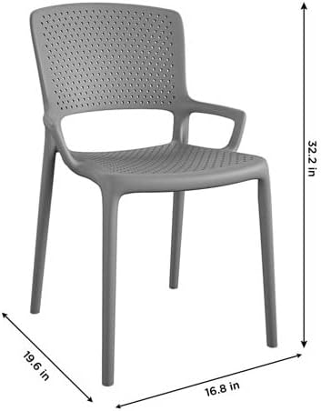 Cadeira de resina de empilhamento externa/interna com costas quadradas e braços, cinza, 2 pacote
