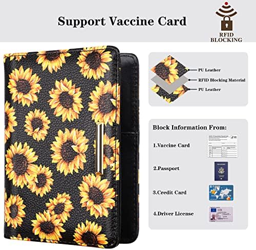 Passaporte e portador de cartões de vacina, capa de passaporte de viagem com carteira de vacinação CDC Slot RFID Bloqueando Passaporte Carteira para Mulheres e Homens, Girassol