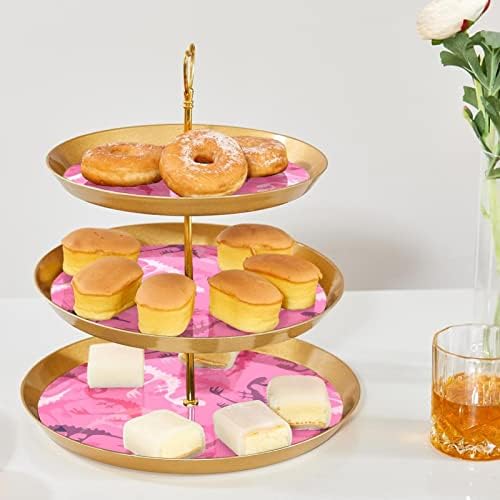 Stand de cupcakes de três camadas, camuflagem com dinossauros placas de sobremesa de plástico rosa que servem para