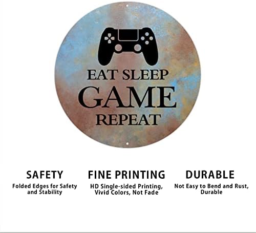 GodBlessign Eat Sleep Game Repele Sinais Humor Sinais de metal redondos engraçados para grinaldas Art Farmhouse Wallhouse Decorativa